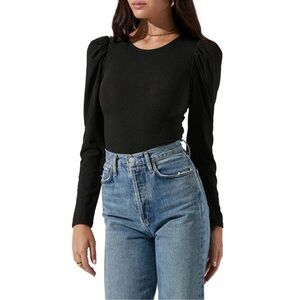 ASTR The Label Medium Rib Multi Back Cutout Bodysuit In Black Long Puff Sleeve
